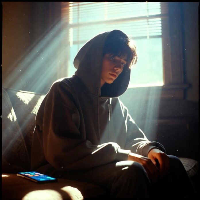 Tired person meditating on couch in morning light.