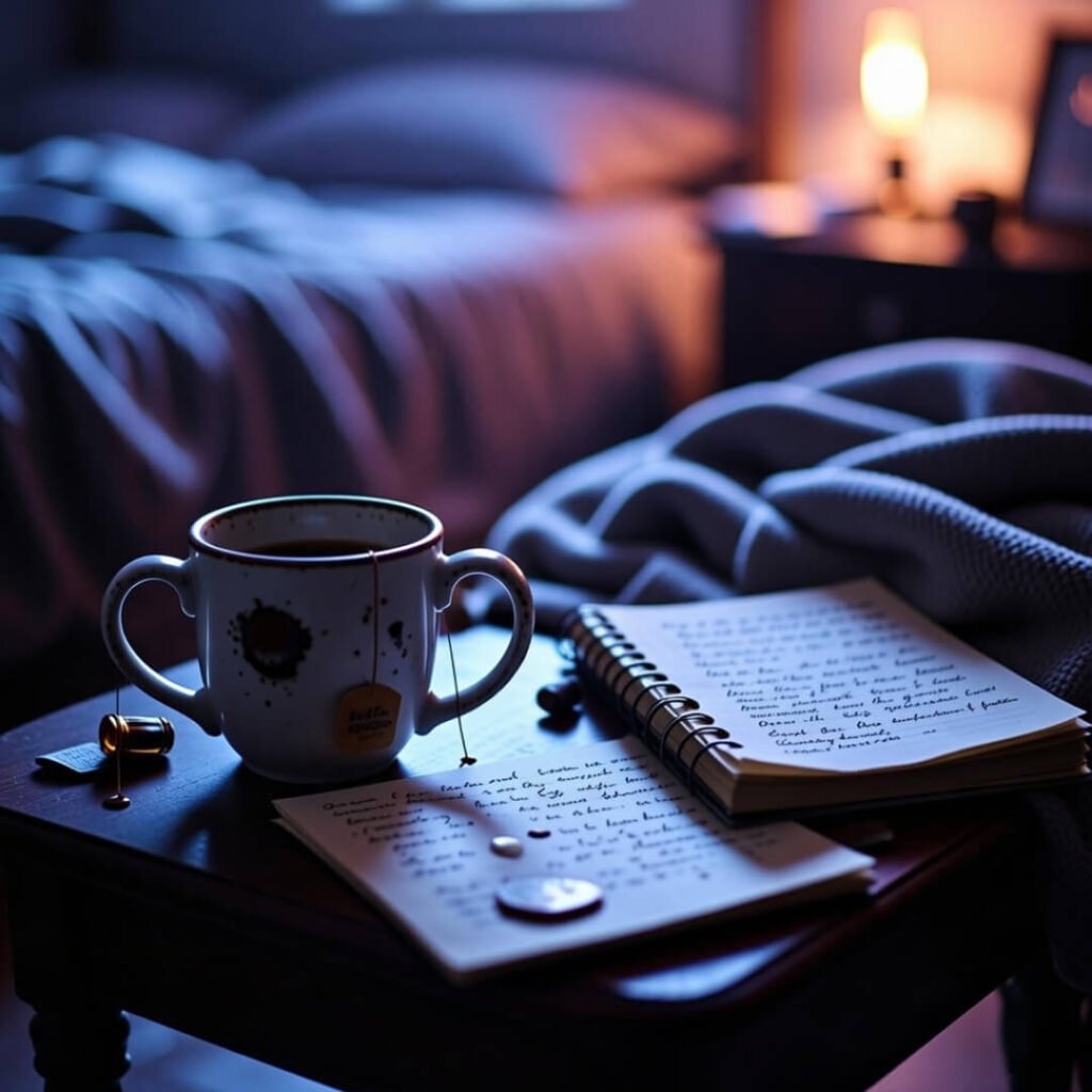 Low-angle view of chipped tea mug, stained notebook, and tipped lavender bottle