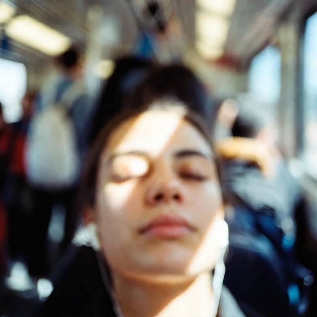 Closing eyes with earbuds on noisy train.