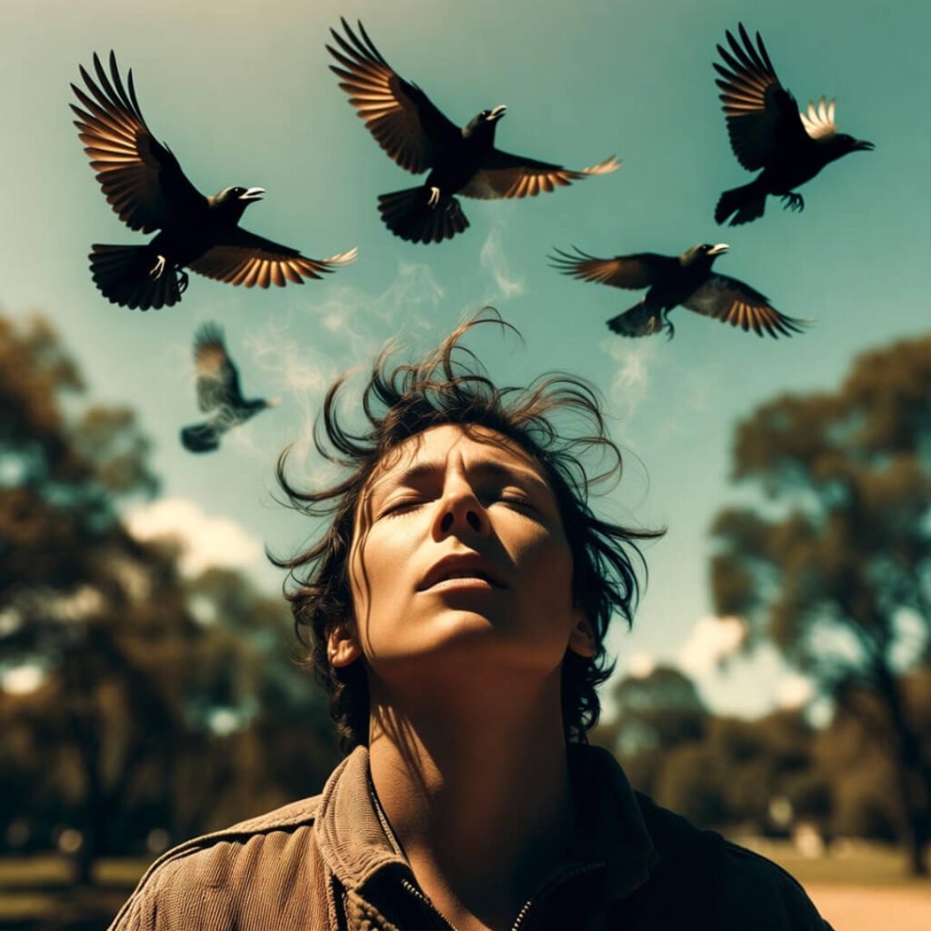 Person breathing deeply as birds carry away worry clouds.