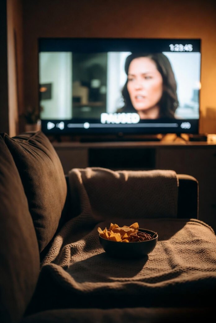 A cozy couch scene with a blanket, snacks, and a TV paused mid-show—capturing a “bad day but surviving it” vibe.