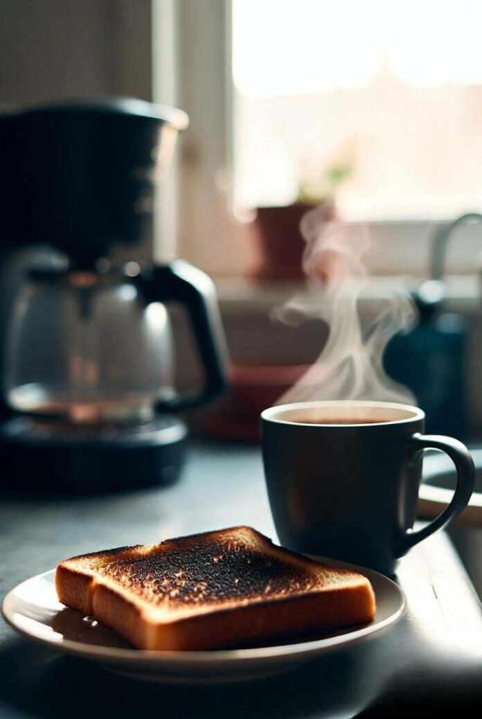 sunlight pouring in, a burnt toast in the foreground, coffee mug steaming, giving off a “messy but hopeful” vibe.