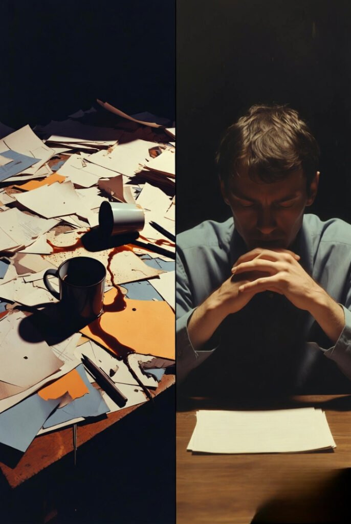A split-image showing one side with a chaotic desk (papers everywhere, coffee spilled) and the other side with a person sitting still, staring blankly into space. Represents external chaos vs internal chaos.