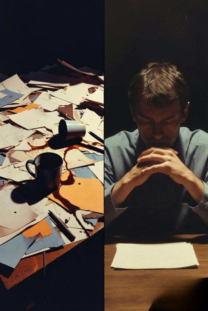 A split-image showing one side with a chaotic desk (papers everywhere, coffee spilled) and the other side with a person sitting still, staring blankly into space. Represents external chaos vs internal chaos.