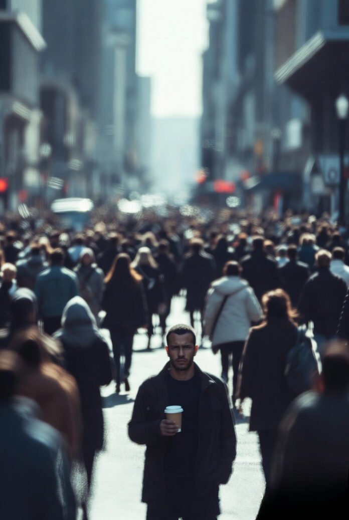 people rushing past while one person stands still, calm, holding a coffee—capturing stillness in chaos.