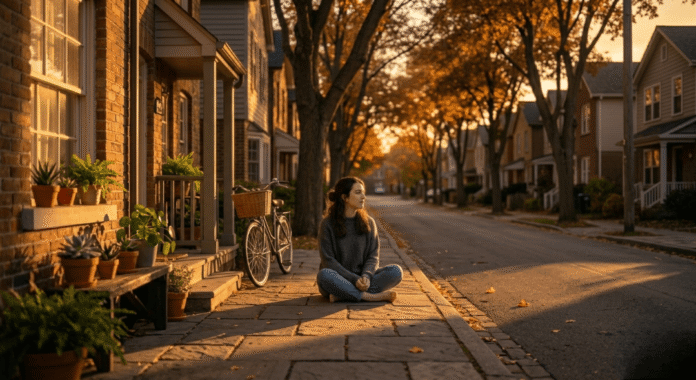 You said A quiet neighborhood street during sunset, warm tones, long shadows. Peaceful and reflective mood.