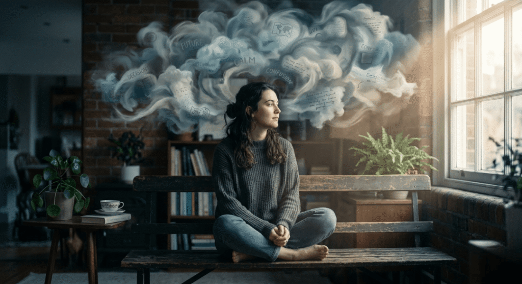 A person sitting quietly while swirling cloud-like thoughts hover around their head.