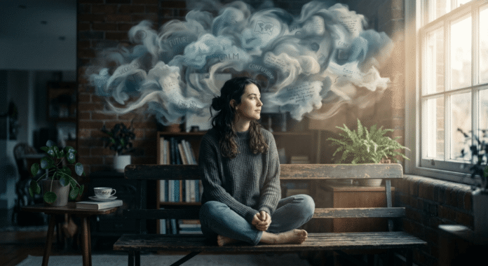 A person sitting quietly while swirling cloud-like thoughts hover around their head.