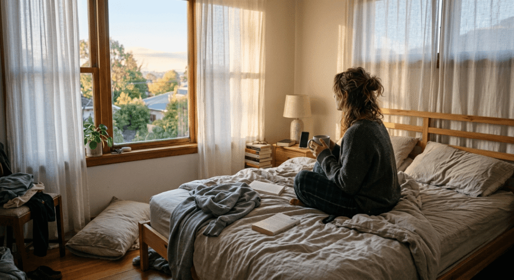 A quiet early morning scene—sunlight filtering through curtains, a messy bed, and someone sitting with coffee staring out the window.