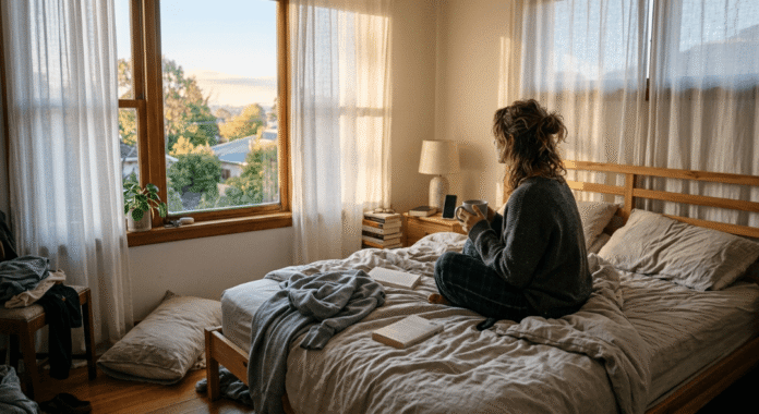 A quiet early morning scene—sunlight filtering through curtains, a messy bed, and someone sitting with coffee staring out the window.