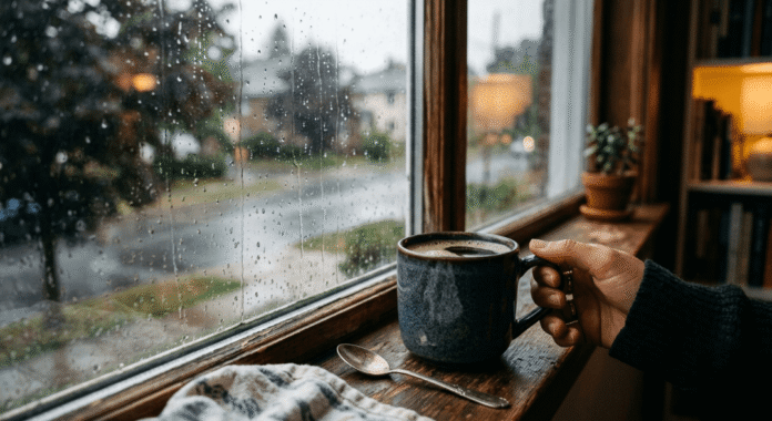 a coffee cup near a window with soft rain outside, cozy and reflective mood.