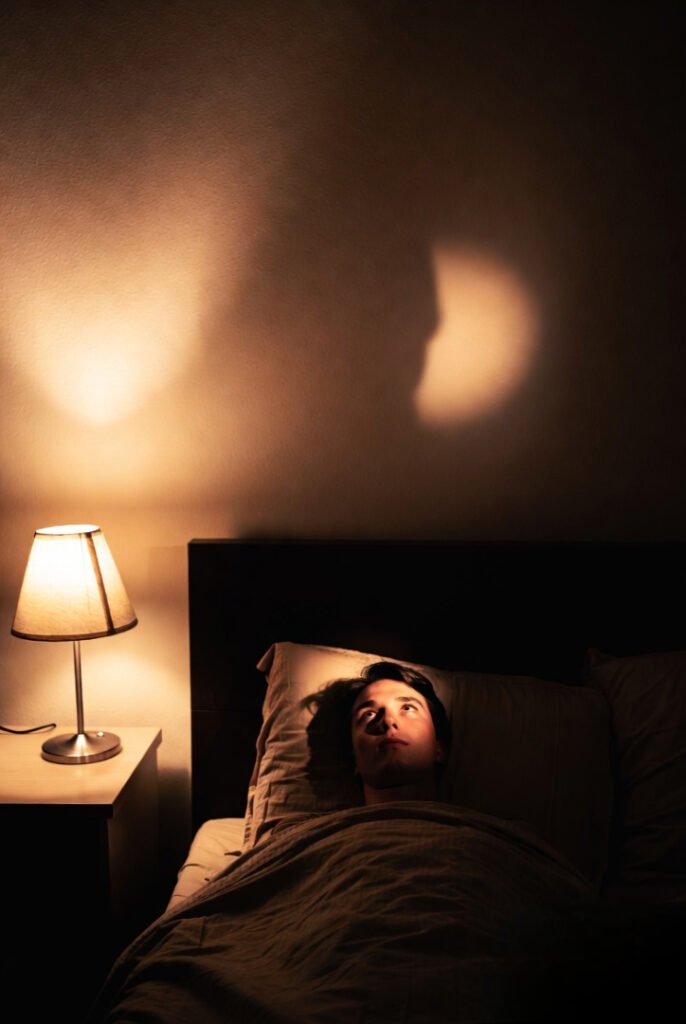 A dim bedroom with soft golden bedside lamp light, a person lying awake staring at the ceiling