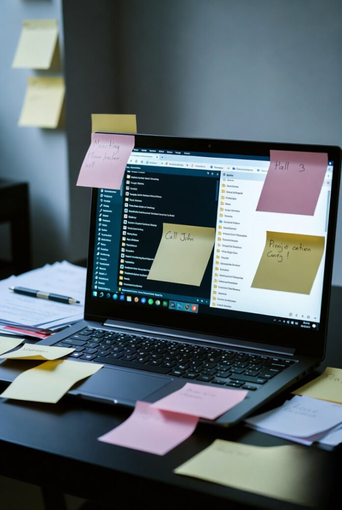 Laptop screen cluttered with too many open tabs, sticky notes everywhere, slightly chaotic desk.