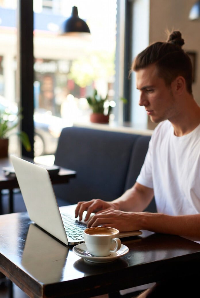 A person working at a café with laptop, but looking relaxed—not stressed—coffee beside them untouched