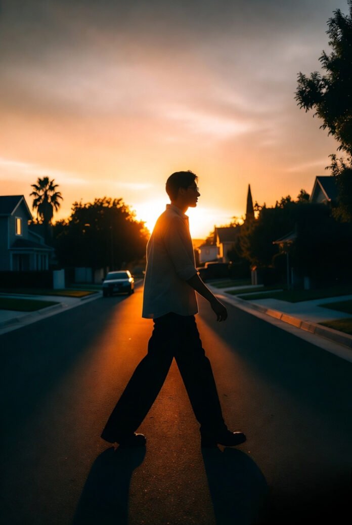 Person walking casually during sunset in a quiet neighborhood