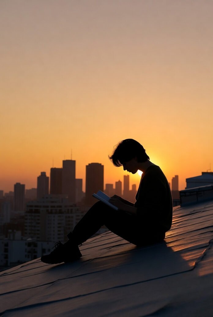 a person sitting alone on a rooftop at sunset, journal in hand, city skyline glowing softly in the background.