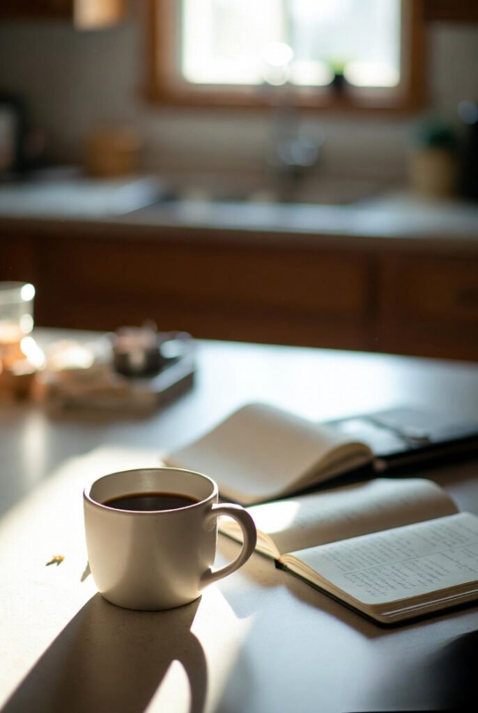 Soft morning light spilling over a slightly messy kitchen counter