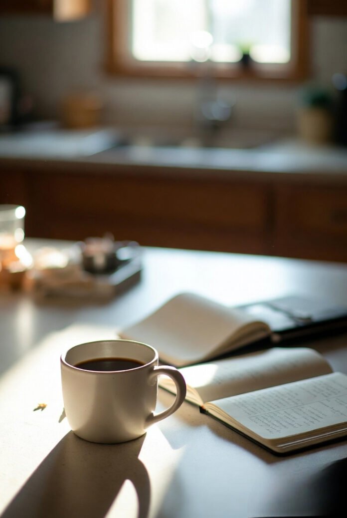 Soft morning light spilling over a slightly messy kitchen counter