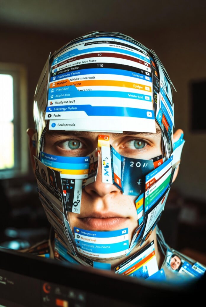 A creative visual of a human head filled with overlapping browser tabs.