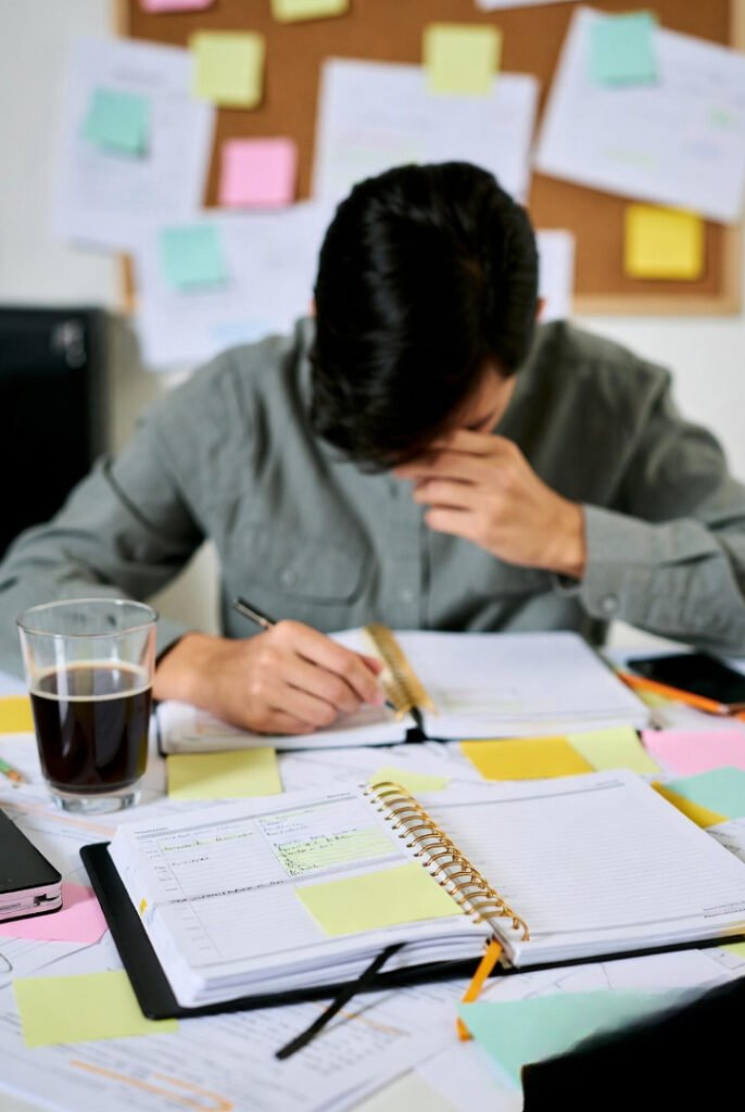 A cluttered desk with an open planner, sticky notes everywhere, half-drunk coffee, and a stressed person holding their head.