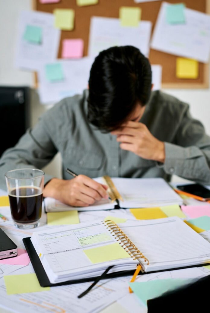 A cluttered desk with an open planner, sticky notes everywhere, half-drunk coffee, and a stressed person holding their head.