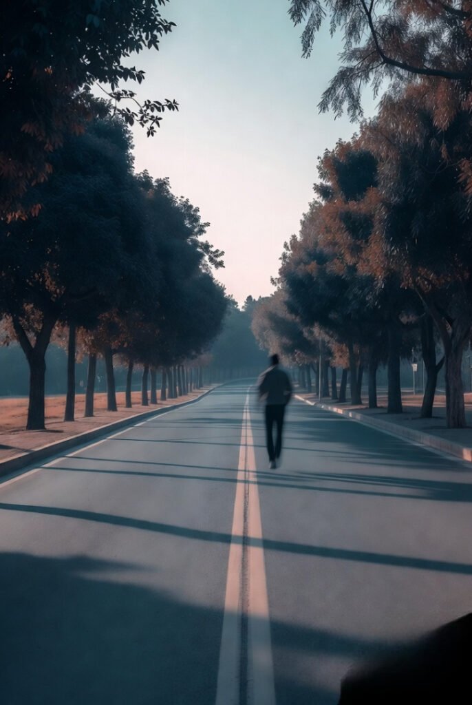 A person walking down a quiet street lined with trees, slightly blurred to show motion and calmness.