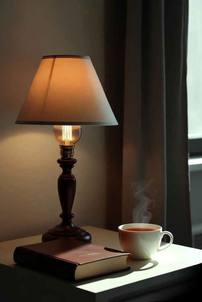 A calm evening setup with a warm lamp, a book, and a cup of tea on a bedside table, soft shadows and cozy atmosphere.